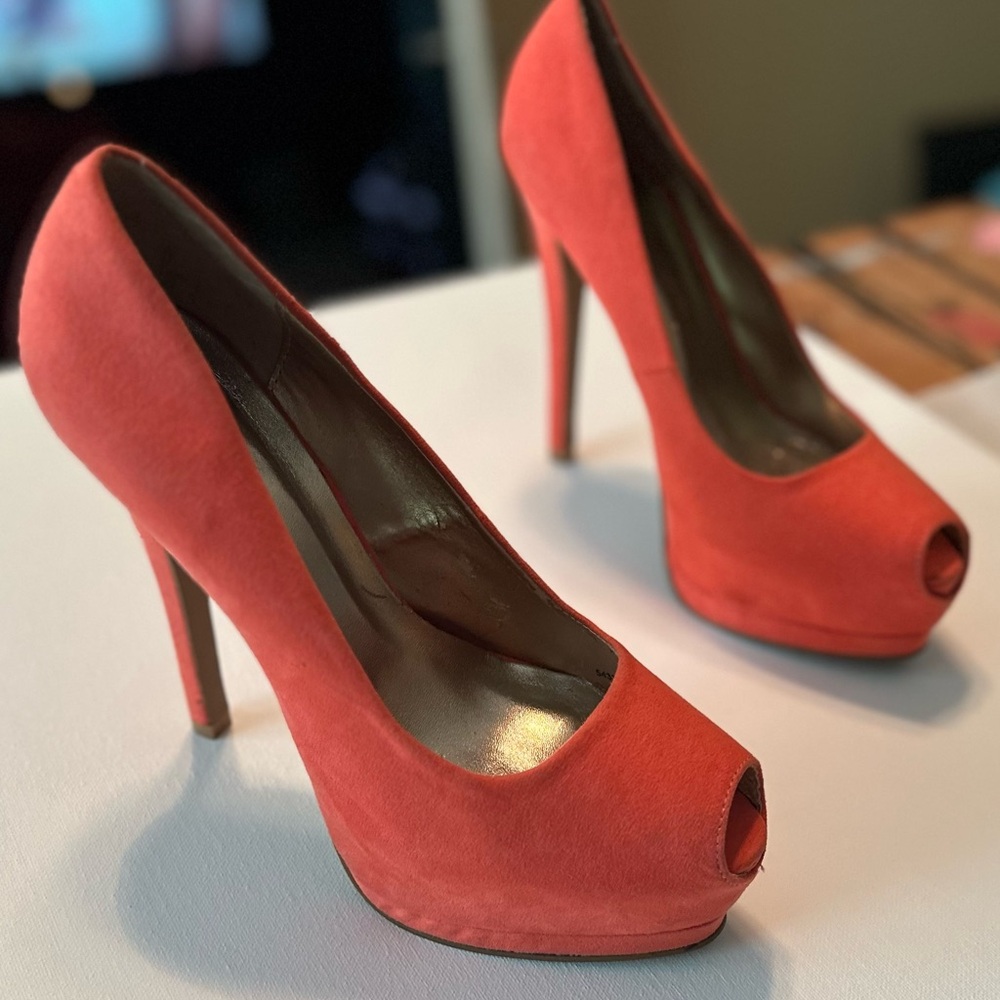 Beautiful, Coral Red, Charlotte Russe Peep-Toe Platform Heels